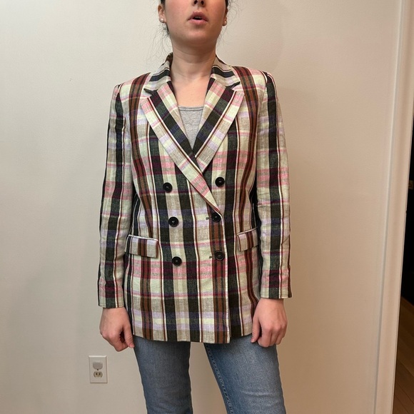 MANGO plaid double breasted linen/cotton blend blazer size S - Picture 3 of 8